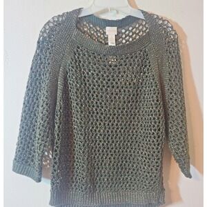 Chico's Sweater Sz 1 Med 8 Army Green Gold Metallic Open Knit 3/4 Dolman Sleeve